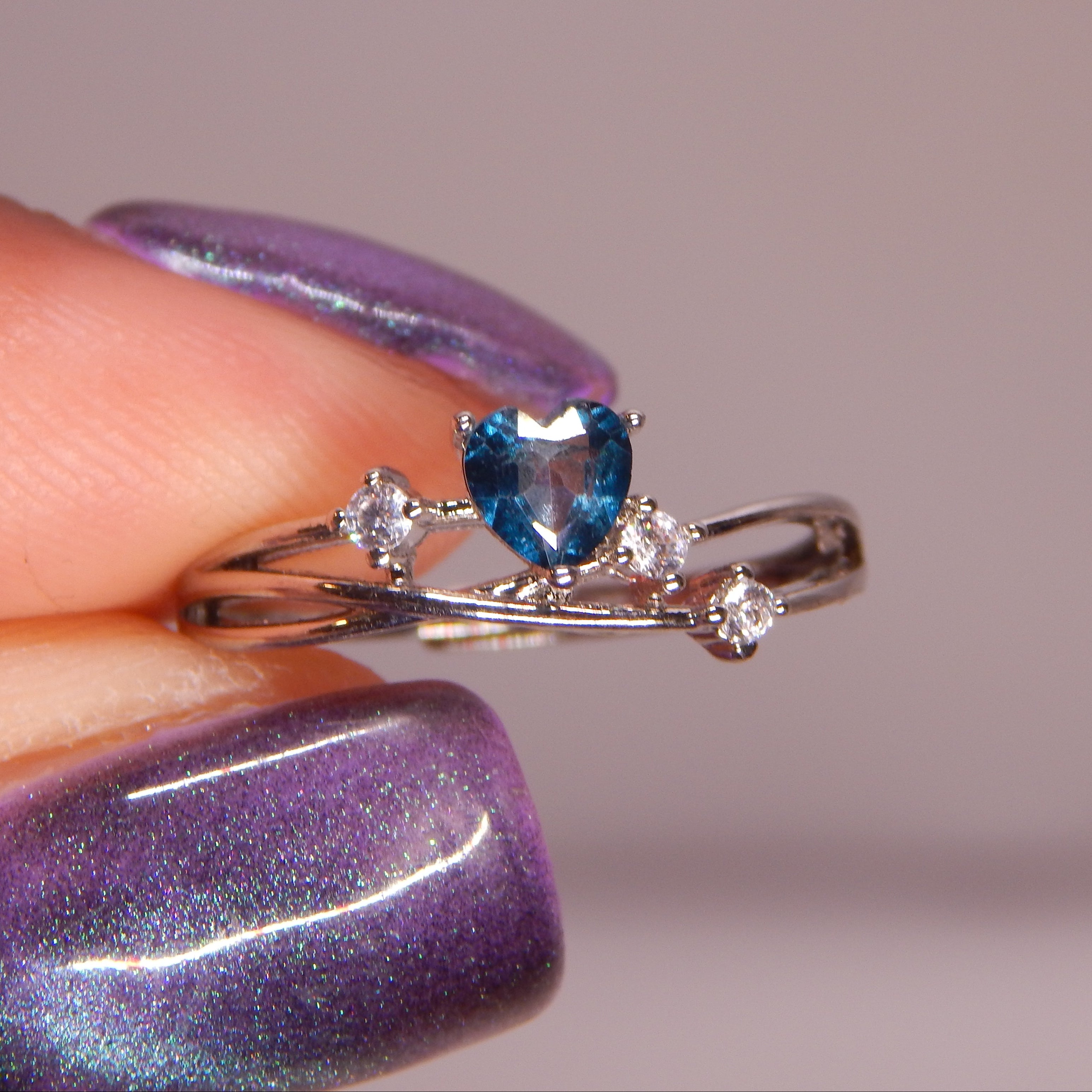 Blue Moissanite Heart Ring - Adjustable/Lab-created