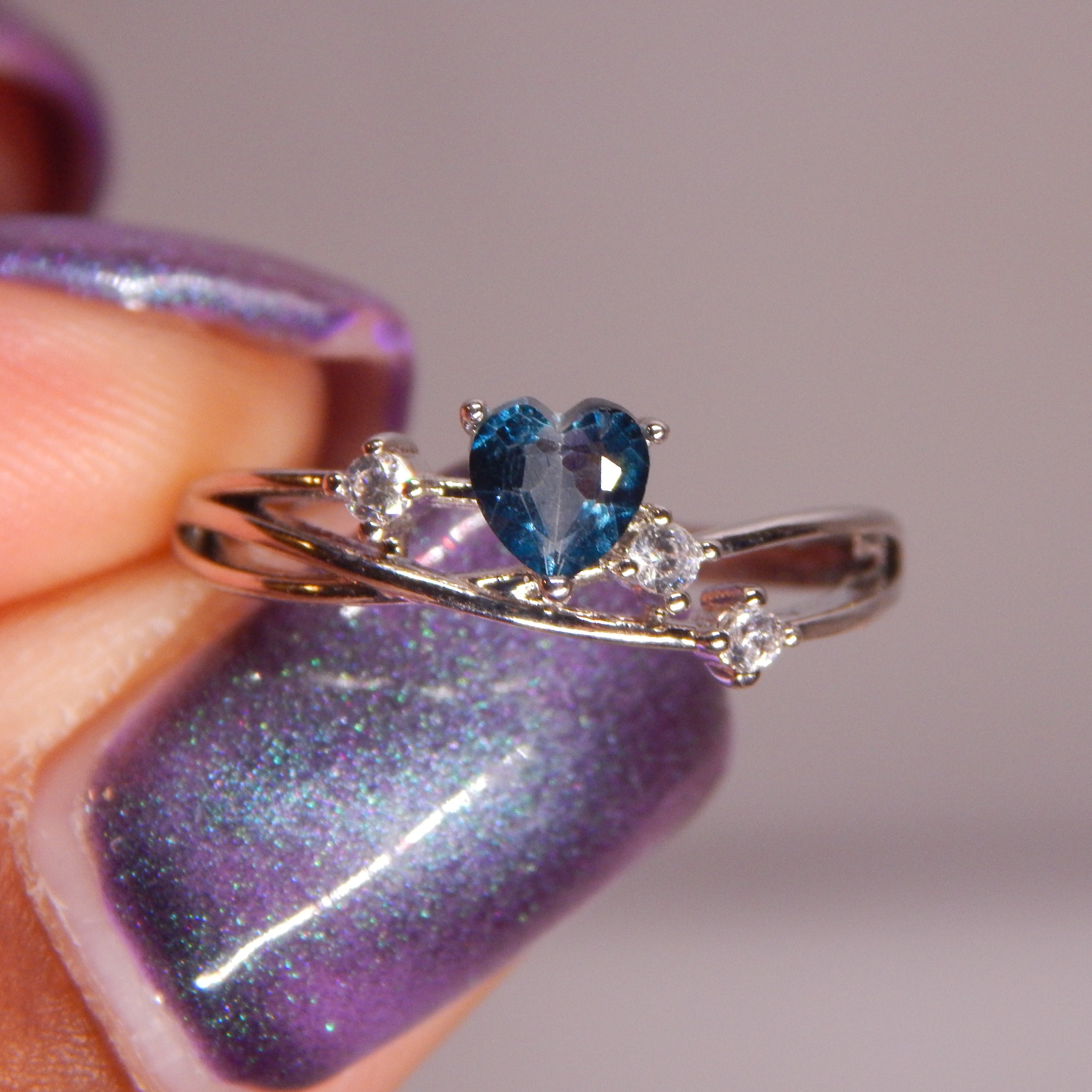 Blue Moissanite Heart Ring - Adjustable/Lab-created