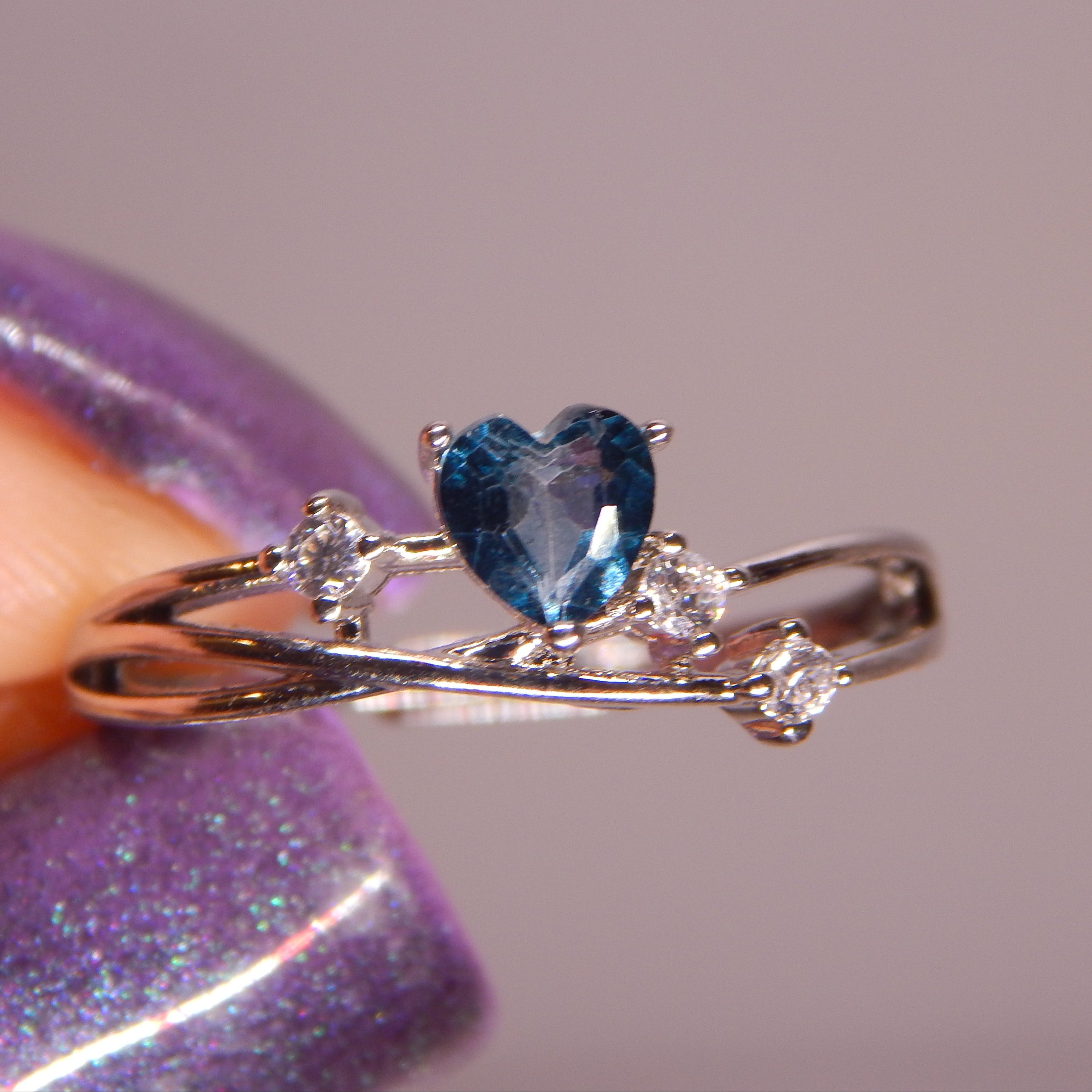 Blue Moissanite Heart Ring - Adjustable/Lab-created
