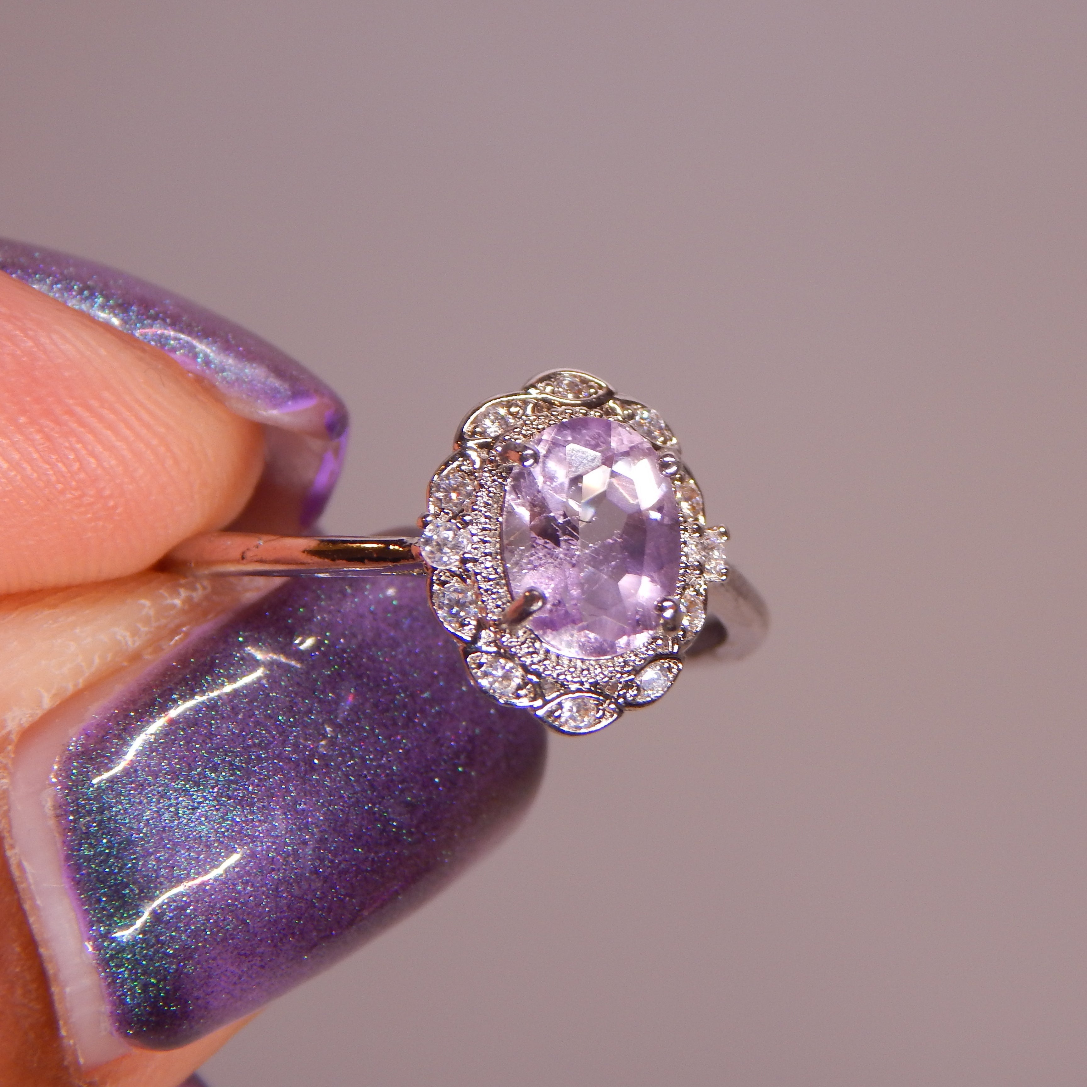 Amethyst Oval Ring in Flower Setting - Adjustable