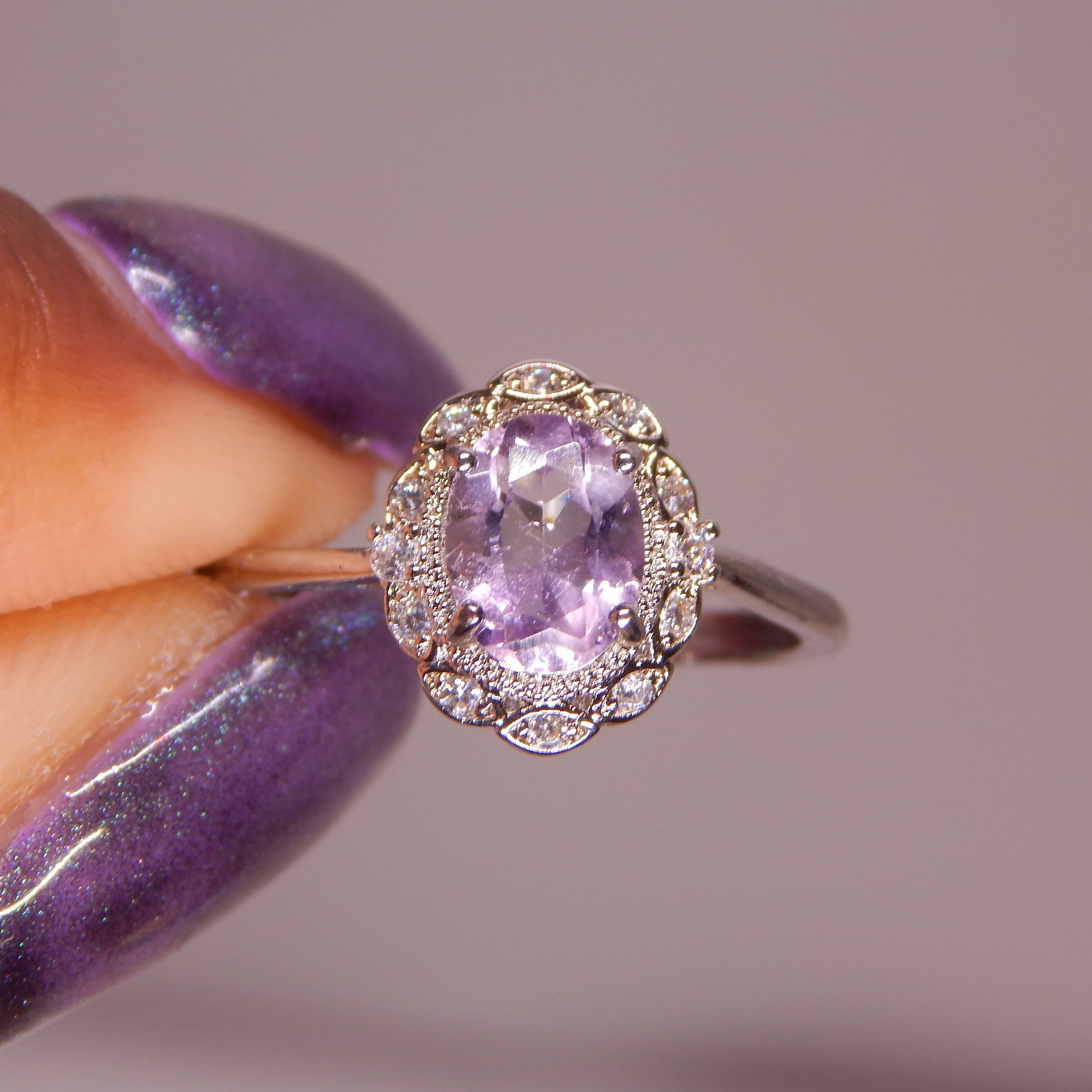 Amethyst Oval Ring in Flower Setting - Adjustable