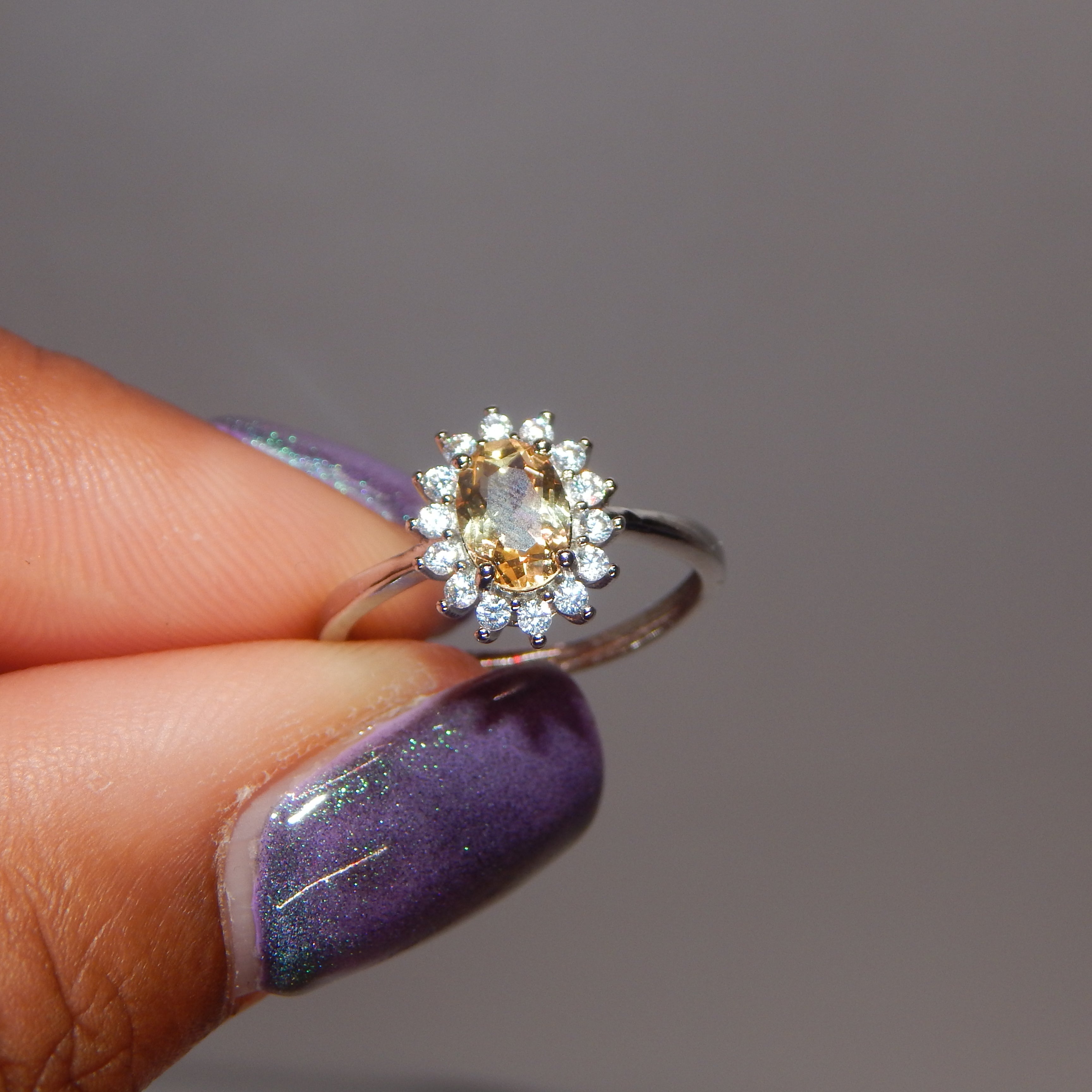 Citrine Oval Ring in Floral Zirconia Setting - Adjustable band