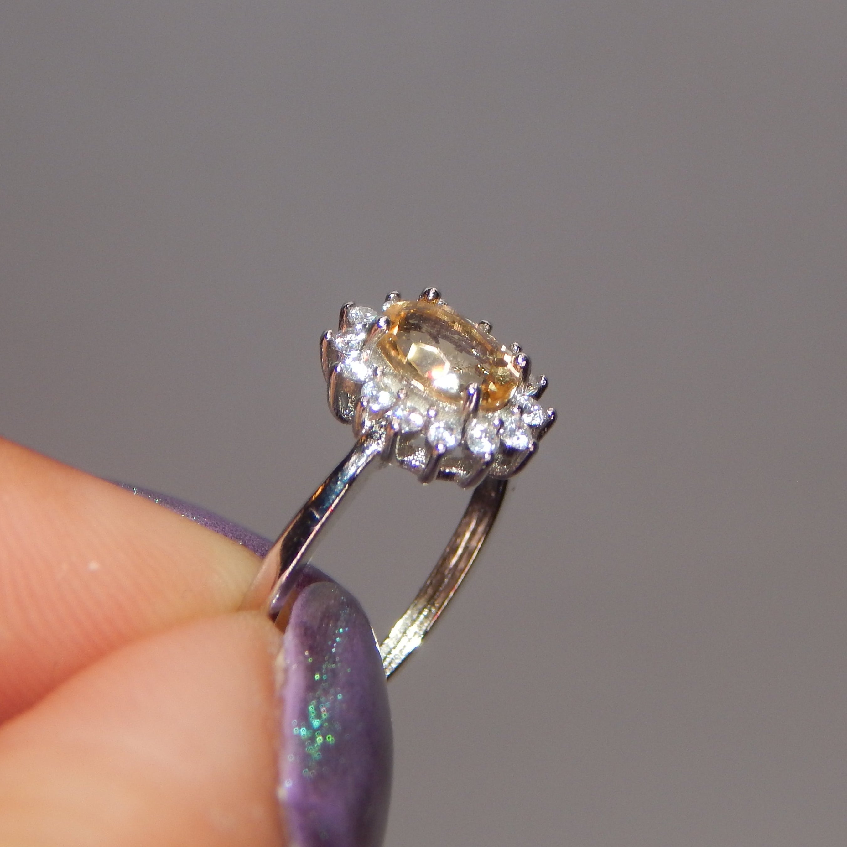 Citrine Oval Ring in Floral Zirconia Setting - Adjustable band