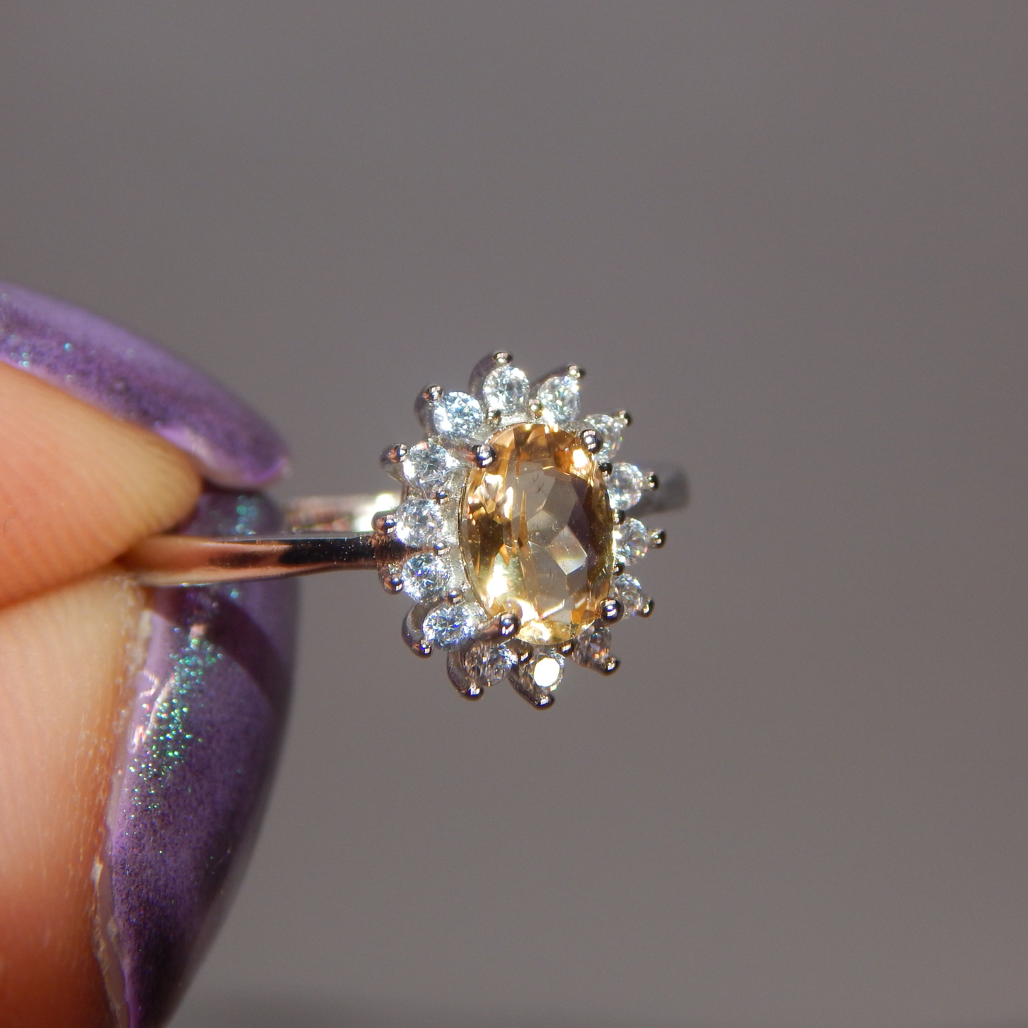 Citrine Oval Ring in Floral Zirconia Setting - Adjustable band