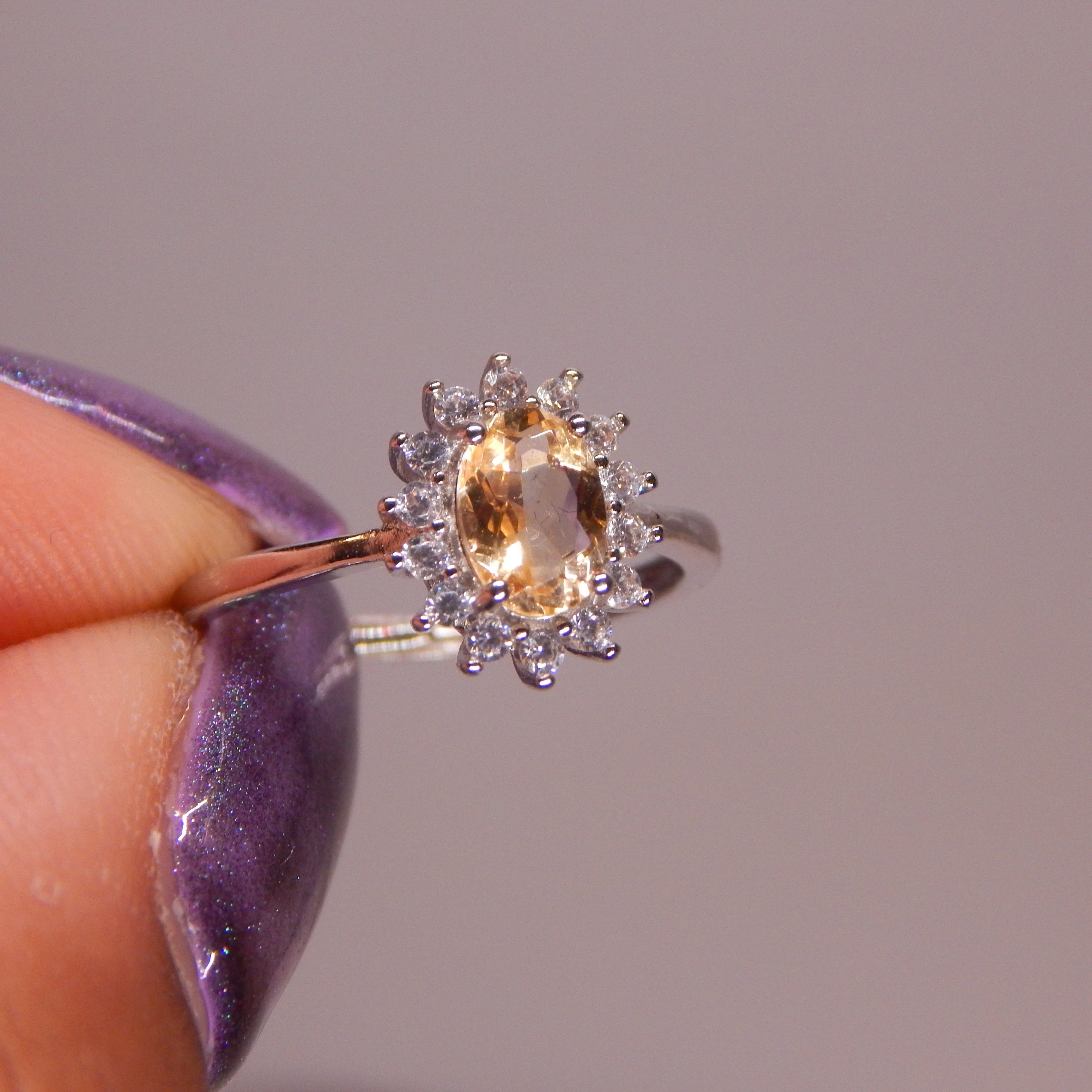 Citrine Oval Ring in Floral Zirconia Setting - Adjustable band
