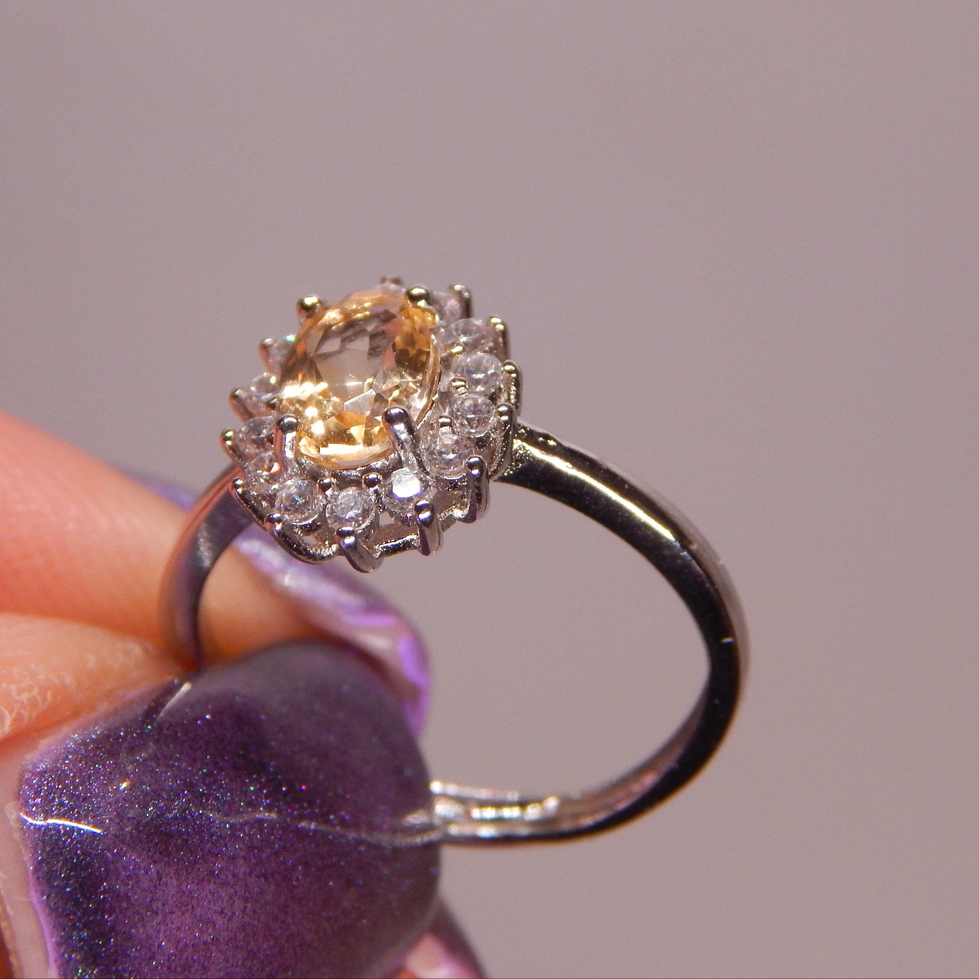 Citrine Oval Ring in Floral Zirconia Setting - Adjustable band