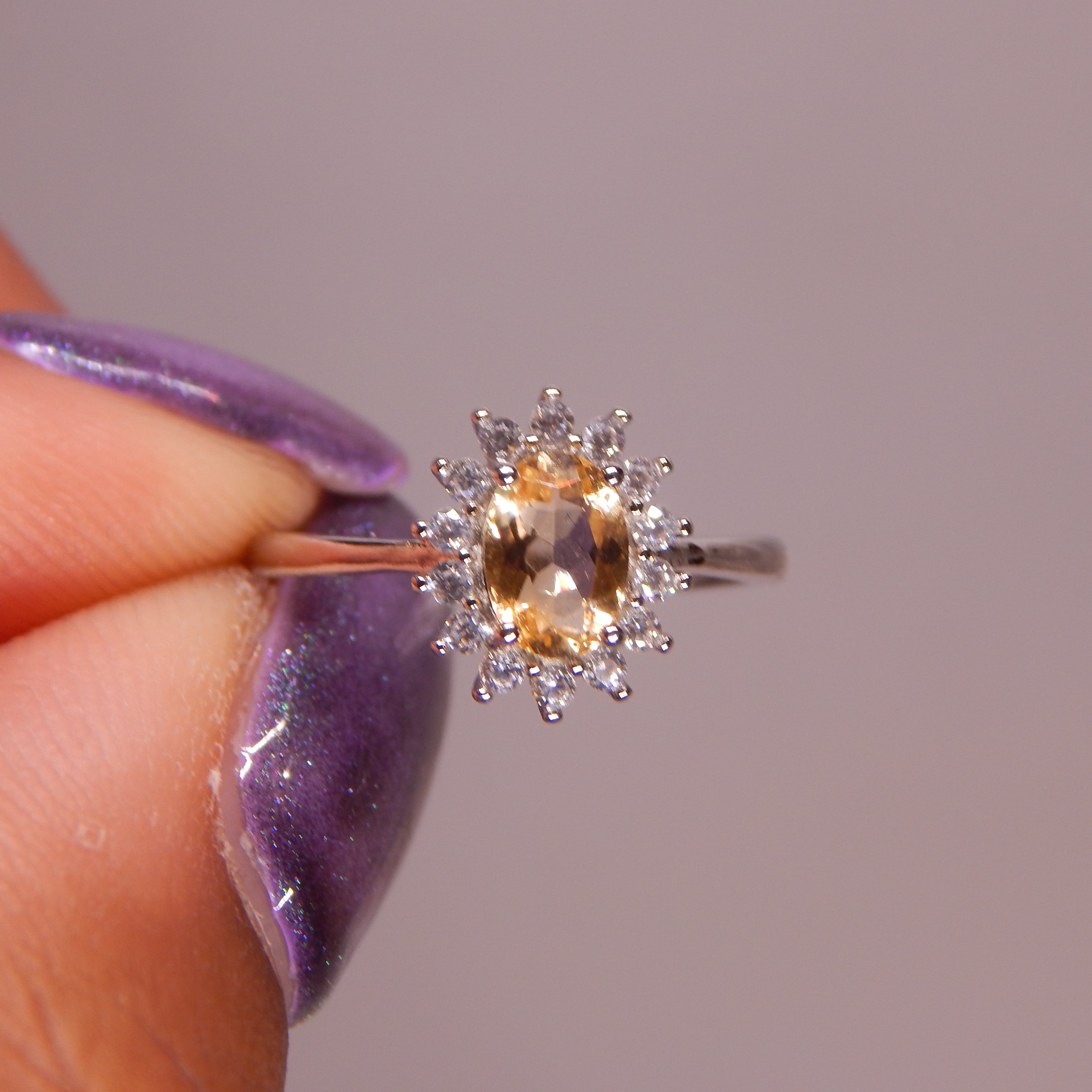 Citrine Oval Ring in Floral Zirconia Setting - Adjustable band